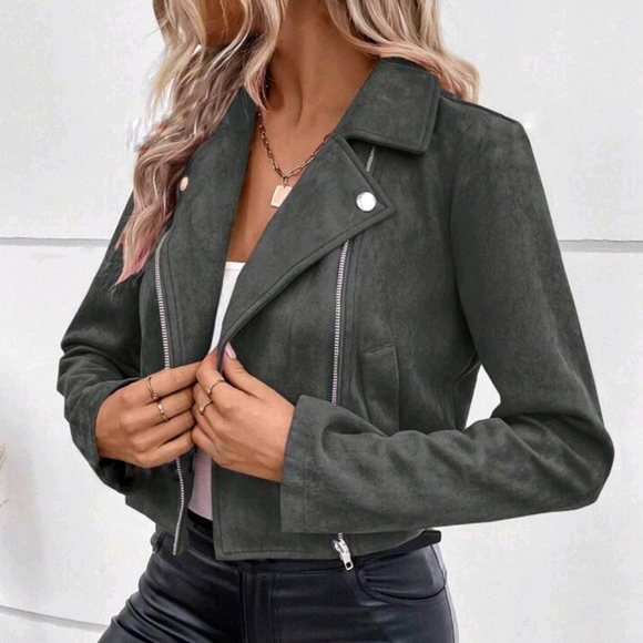 NEW Luxe Vegan Suede Leather Moto Jacket Zip Biker Gray - Picture 1 of 13